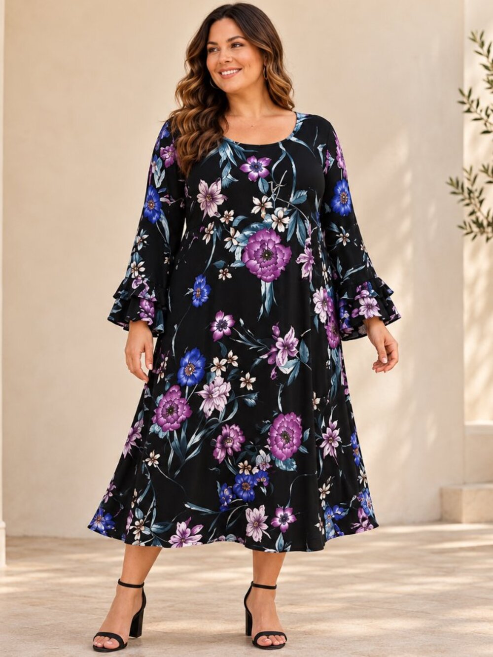 Lane Bryant Floral Midi Dress Womens 14/16 Black Fit Flare Ruffle Sleeve Plus